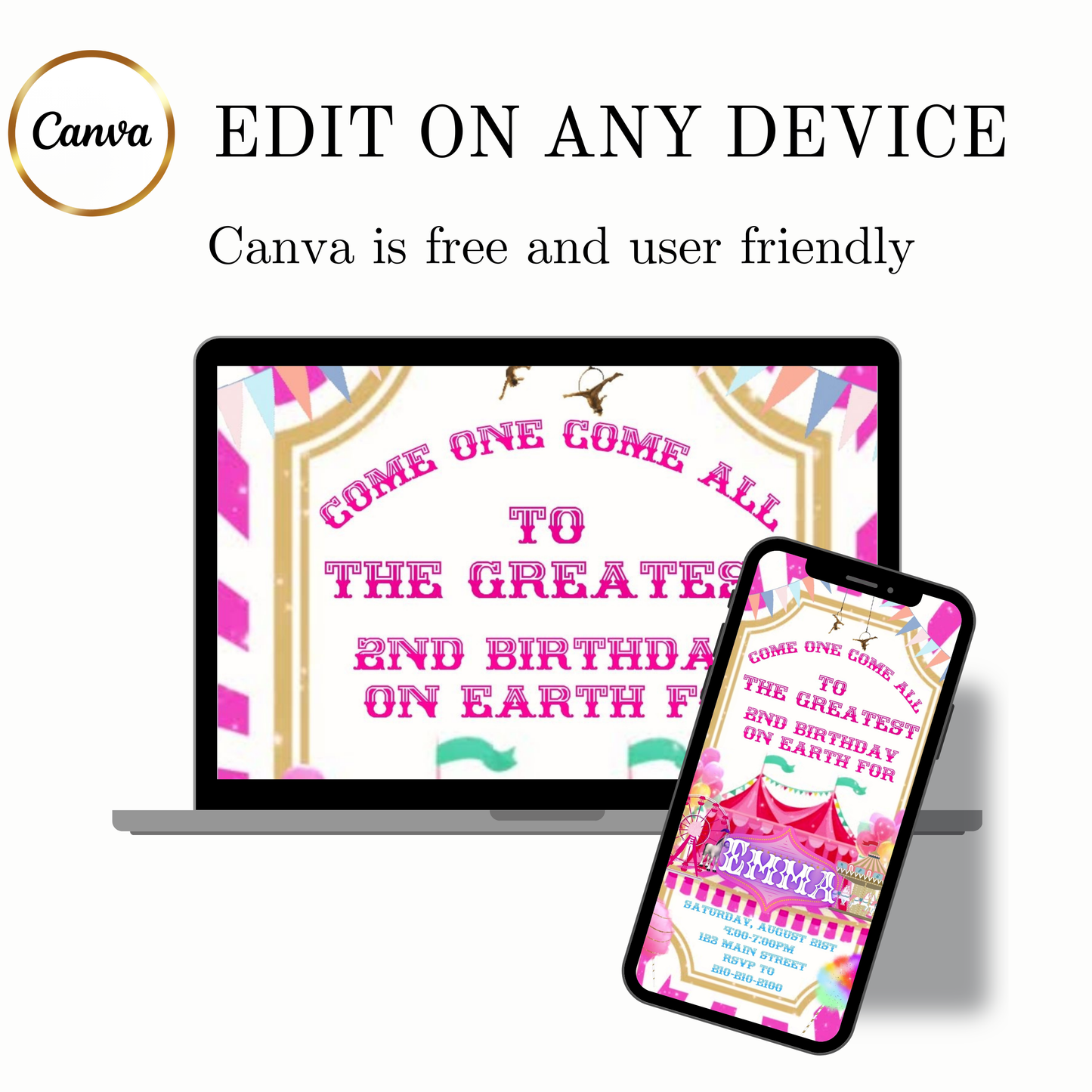 Editable pink circus 2nd birthday birthday video invitation displayed on a mobile phone, featuring an animated vertical digital invite with music, created in Canva. This premium video invitation template is designed for sharing by text, email, and social media and works with an interactive RSVP website for easy guest response tracking.