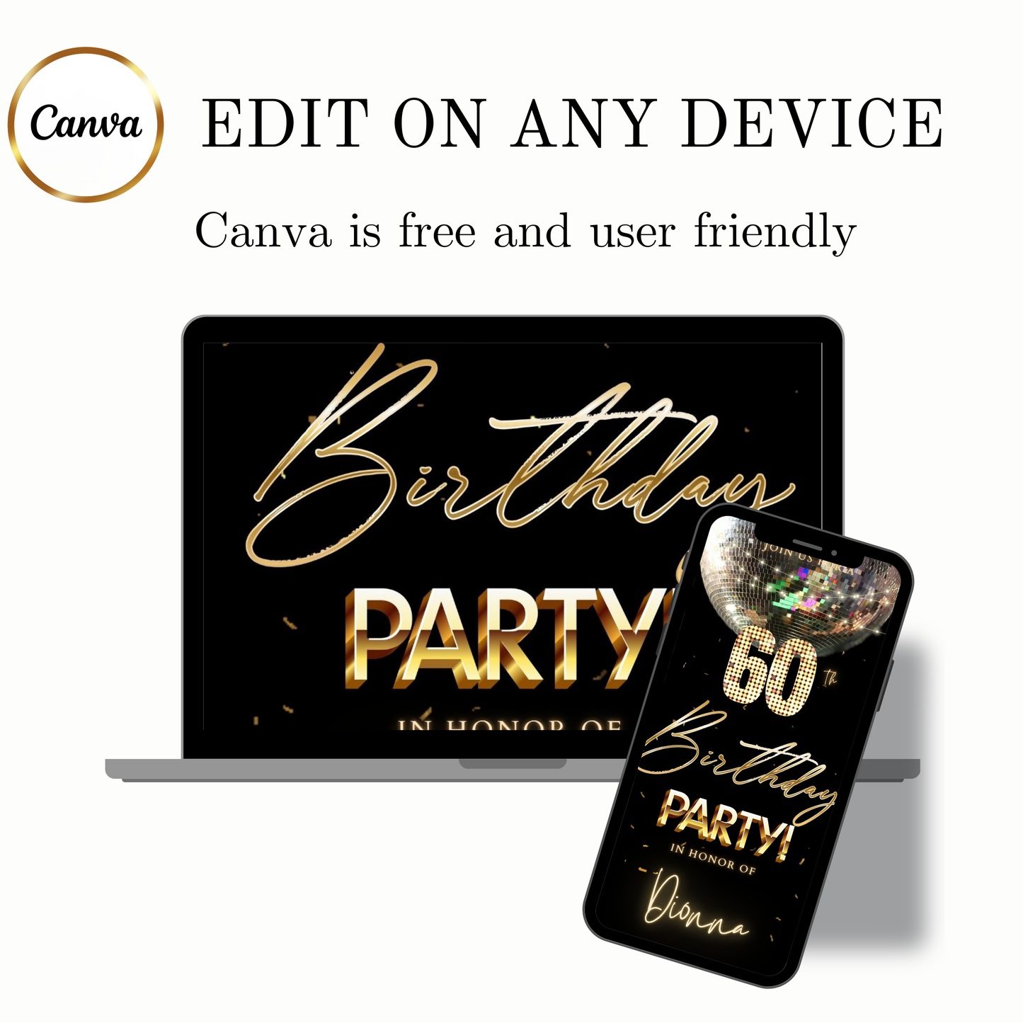 Editable disco ball gold 60th birthday birthday video invitation displayed on a mobile phone, featuring an animated vertical digital invite with music, created in Canva. This premium video invitation template is designed for sharing by text, email, and social media and works with an interactive RSVP website for easy guest response tracking.