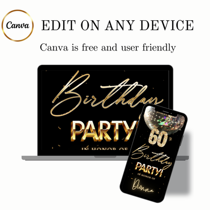 Editable disco ball gold 60th birthday birthday video invitation displayed on a mobile phone, featuring an animated vertical digital invite with music, created in Canva. This premium video invitation template is designed for sharing by text, email, and social media and works with an interactive RSVP website for easy guest response tracking.