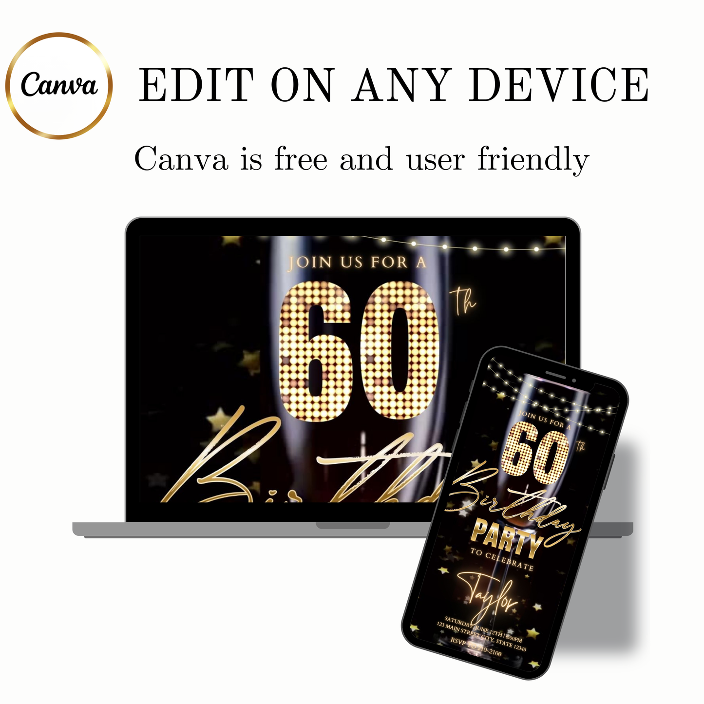 Editable champagne celebration 60th birthday birthday video invitation displayed on a mobile phone, featuring an animated vertical digital invite with music, created in Canva. This premium video invitation template is designed for sharing by text, email, and social media and works with an interactive RSVP website for easy guest response tracking.