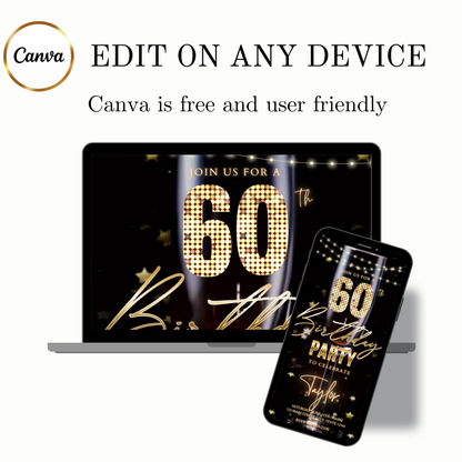 Editable champagne celebration 60th birthday birthday video invitation displayed on a mobile phone, featuring an animated vertical digital invite with music, created in Canva. This premium video invitation template is designed for sharing by text, email, and social media and works with an interactive RSVP website for easy guest response tracking.