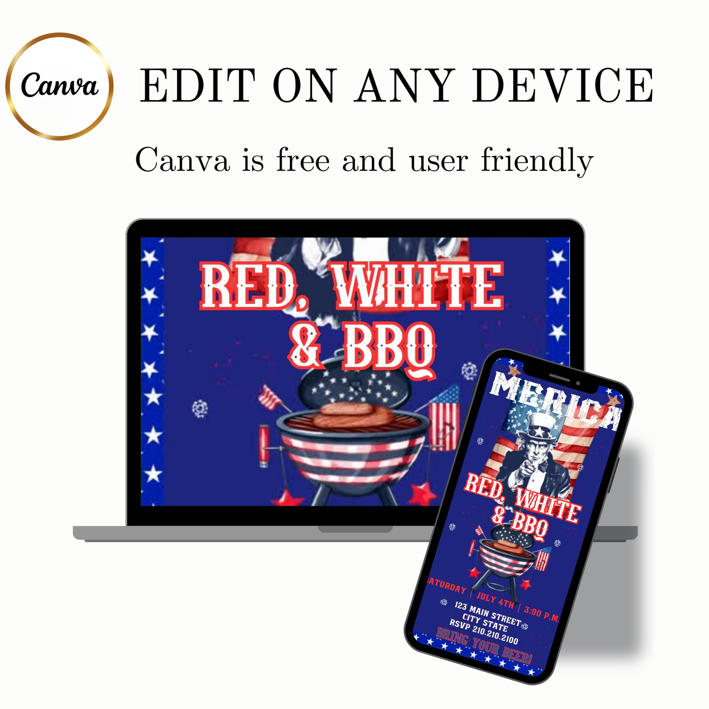 Editable red white blue bbq party party video invitation displayed on a mobile phone, featuring an animated vertical digital invite with music, created in Canva. This premium video invitation template is designed for sharing by text, email, and social media and works with an interactive RSVP website for easy guest response tracking.