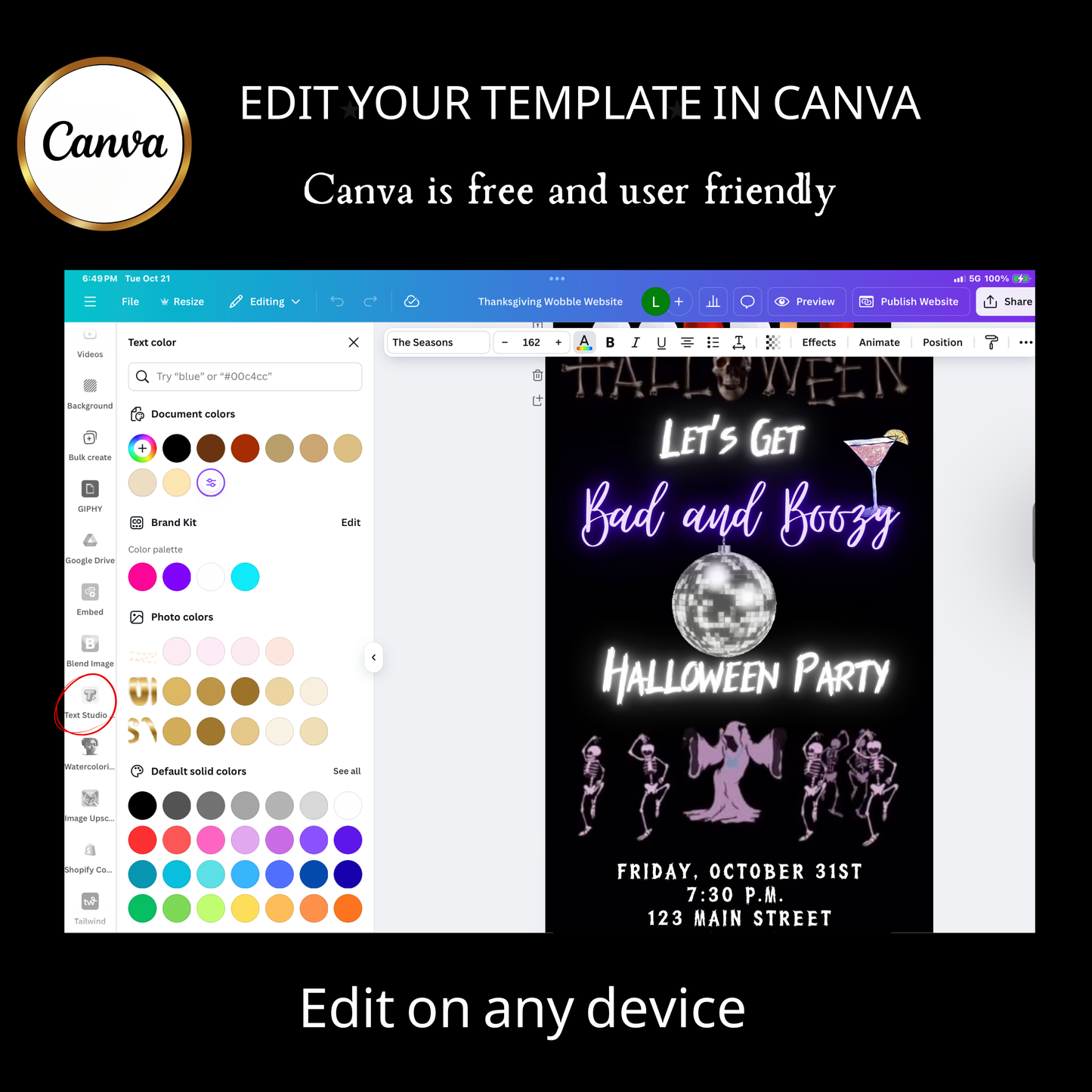 Editable neon boozy halloween party party video invitation displayed on a mobile phone, featuring an animated vertical digital invite with music, created in Canva. This premium video invitation template is designed for sharing by text, email, and social media and works with an interactive RSVP website for easy guest response tracking.