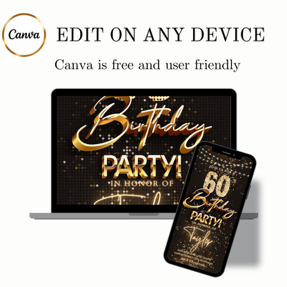 Editable gold party lights 60th birthday birthday video invitation displayed on a mobile phone, featuring an animated vertical digital invite with music, created in Canva. This premium video invitation template is designed for sharing by text, email, and social media and works with an interactive RSVP website for easy guest response tracking.