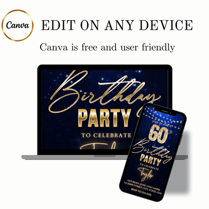 Editable royal blue gold sparkle 60th birthday birthday video invitation displayed on a mobile phone, featuring an animated vertical digital invite with music, created in Canva. This premium video invitation template is designed for sharing by text, email, and social media and works with an interactive RSVP website for easy guest response tracking.