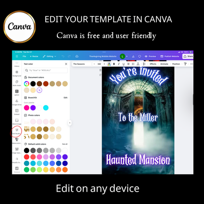 Editable haunted mansion halloween party party video invitation displayed on a mobile phone, featuring an animated vertical digital invite with music, created in Canva. This premium video invitation template is designed for sharing by text, email, and social media and works with an interactive RSVP website for easy guest response tracking.