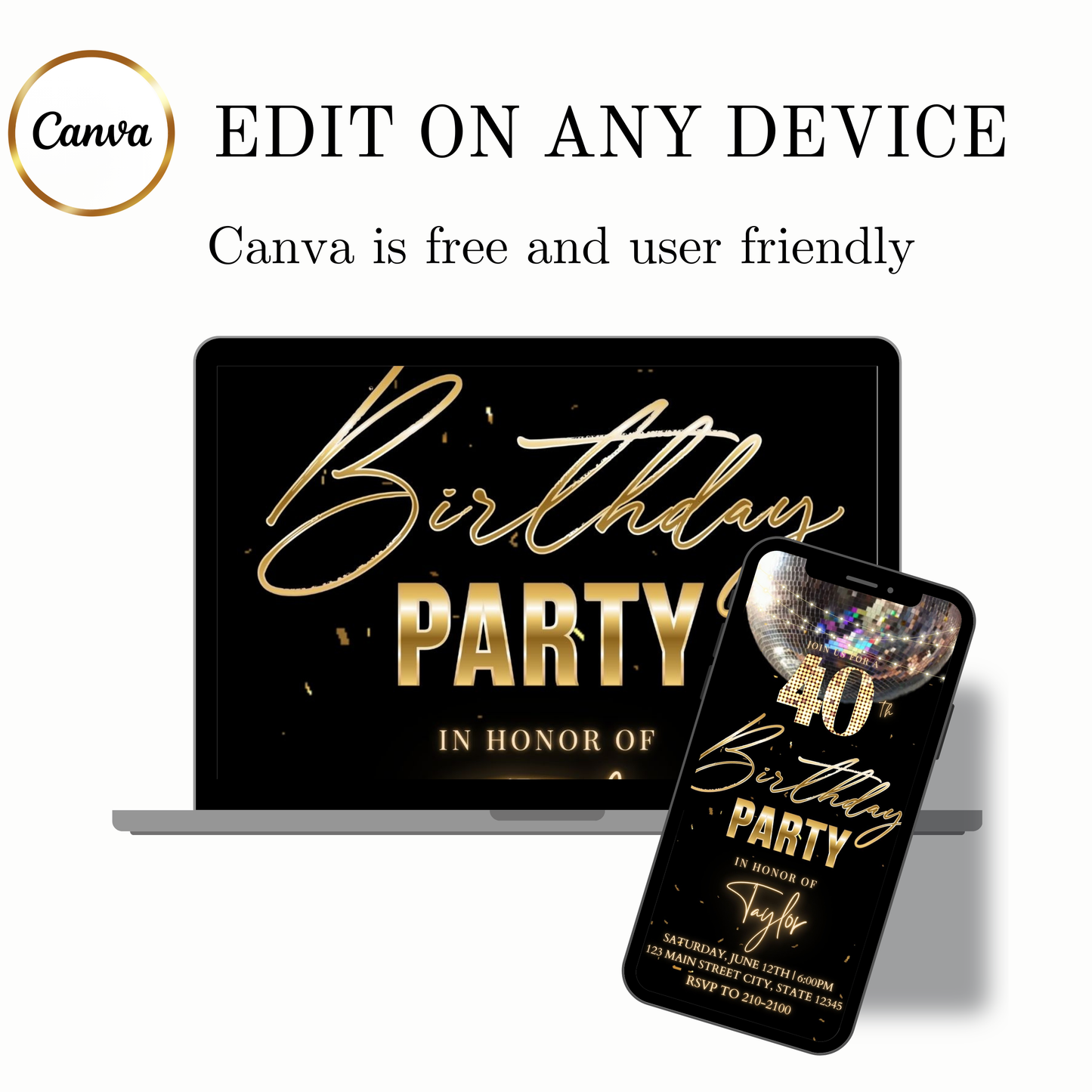 Editable black gold disco 40th birthday birthday video invitation displayed on a mobile phone, featuring an animated vertical digital invite with music, created in Canva. This premium video invitation template is designed for sharing by text, email, and social media and works with an interactive RSVP website for easy guest response tracking.