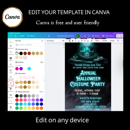 Editable spooky halloween costume party party video invitation displayed on a mobile phone, featuring an animated vertical digital invite with music, created in Canva. This premium video invitation template is designed for sharing by text, email, and social media and works with an interactive RSVP website for easy guest response tracking.