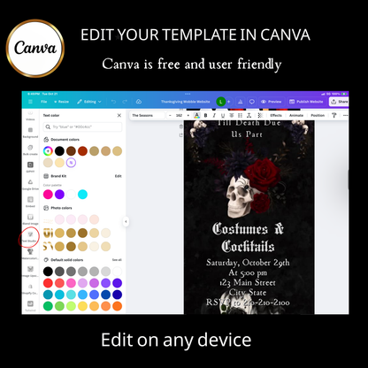 Editable gothic halloween wedding party wedding video invitation displayed on a mobile phone, featuring an animated vertical digital invite with music, created in Canva. This premium video invitation template is designed for sharing by text, email, and social media and works with an interactive RSVP website for easy guest response tracking.