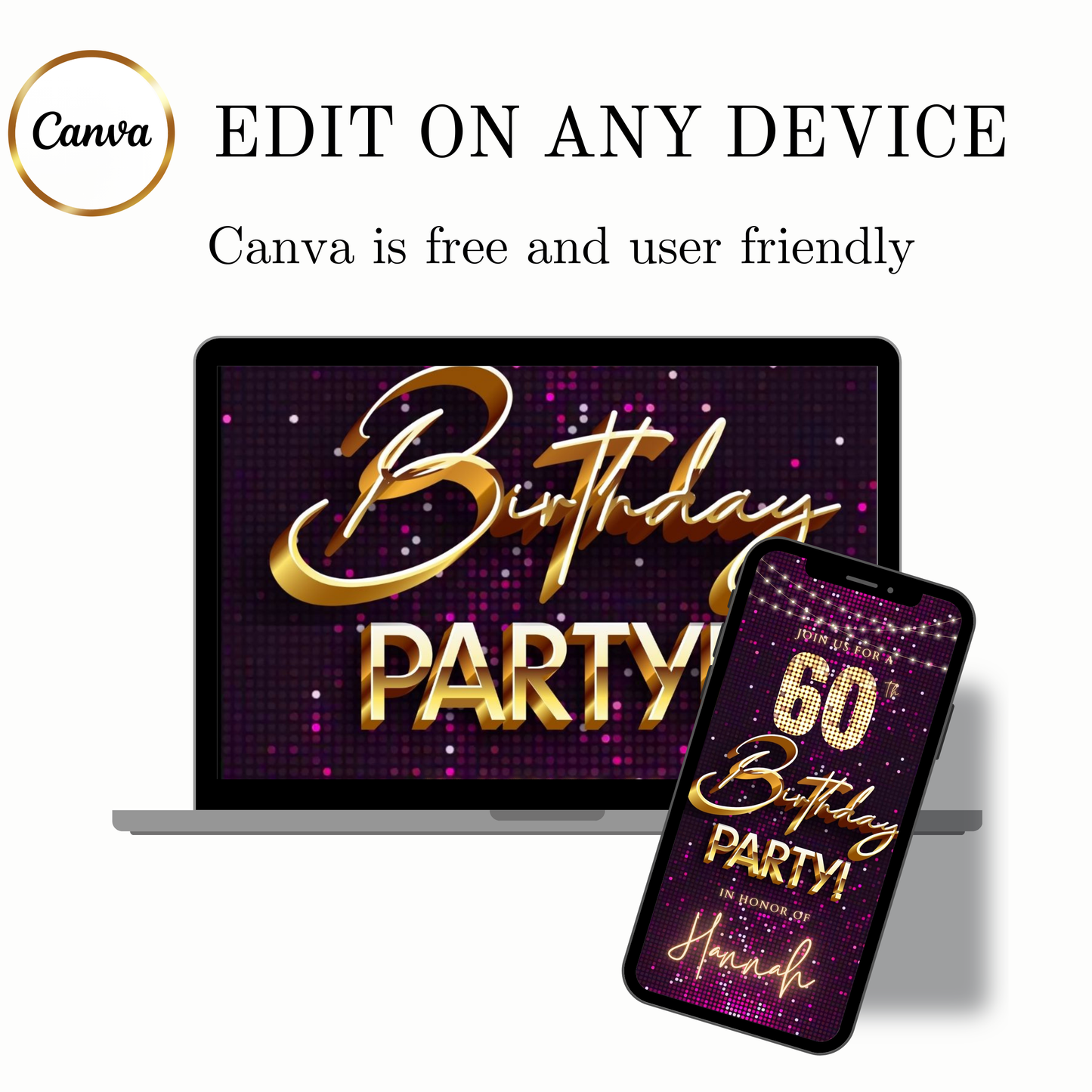 Editable violet gold sequin 60th birthday birthday video invitation displayed on a mobile phone, featuring an animated vertical digital invite with music, created in Canva. This premium video invitation template is designed for sharing by text, email, and social media and works with an interactive RSVP website for easy guest response tracking.