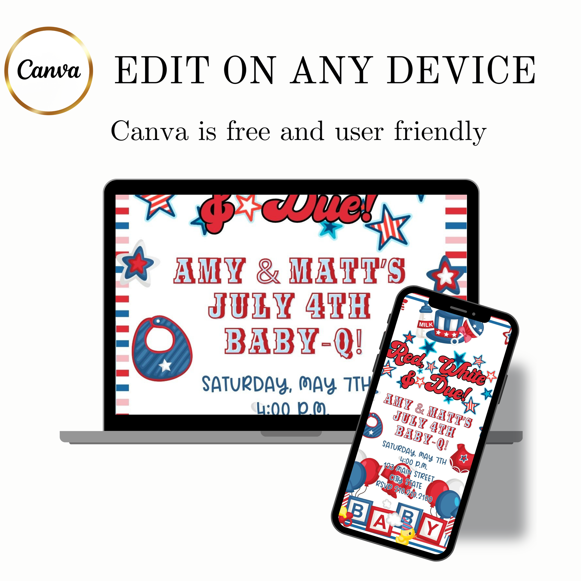 Editable red white blue 4th of july baby shower baby shower video invitation displayed on a mobile phone, featuring an animated vertical digital invite with music, created in Canva. This premium video invitation template is designed for sharing by text, email, and social media and works with an interactive RSVP website for easy guest response tracking.