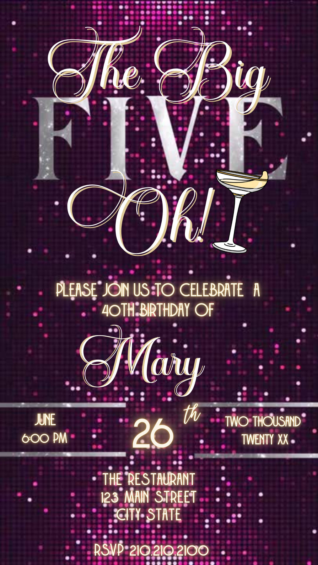 Editable violet gold 50th birthday video invitation displayed on a mobile phone, featuring an animated vertical digital invite with music, created in Canva. This premium video invitation template is designed for sharing by text, email, and social media and works with an interactive RSVP website for easy guest response tracking.