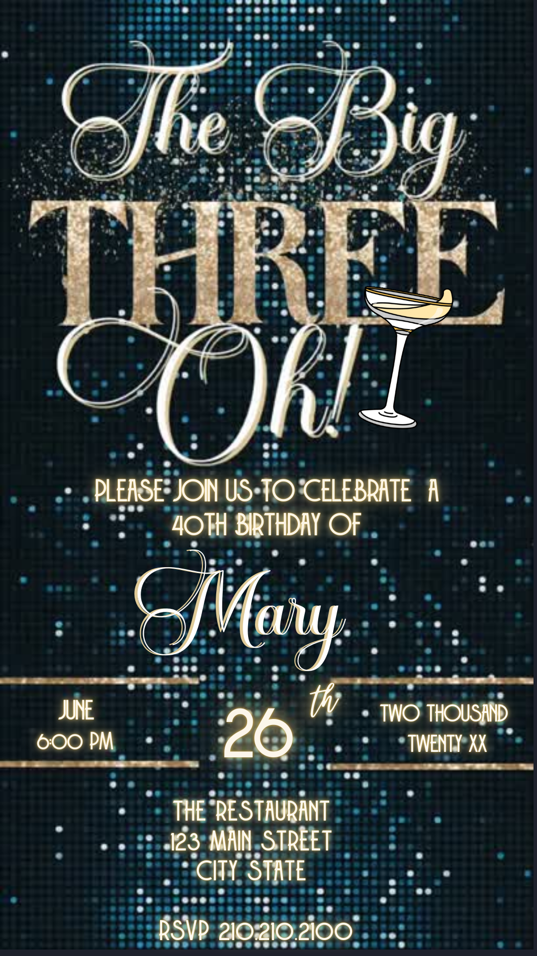 Editable emerald green gold 30th birthday video invitation displayed on a mobile phone, featuring an animated vertical digital invite with music, created in Canva. This premium video invitation template is designed for sharing by text, email, and social media and works with an interactive RSVP website for easy guest response tracking.