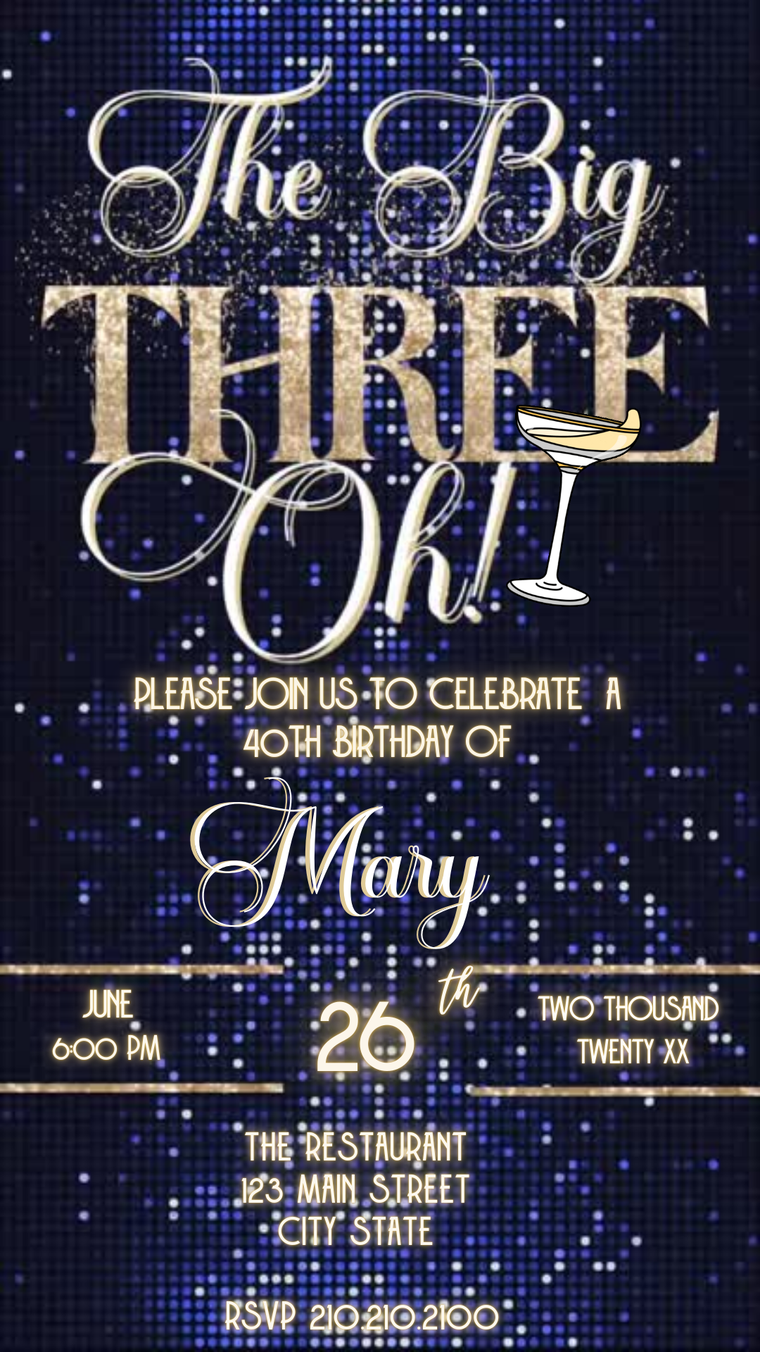 Editable royal blue gold 30th birthday video invitation displayed on a mobile phone, featuring an animated vertical digital invite with music, created in Canva. This premium video invitation template is designed for sharing by text, email, and social media and works with an interactive RSVP website for easy guest response tracking.