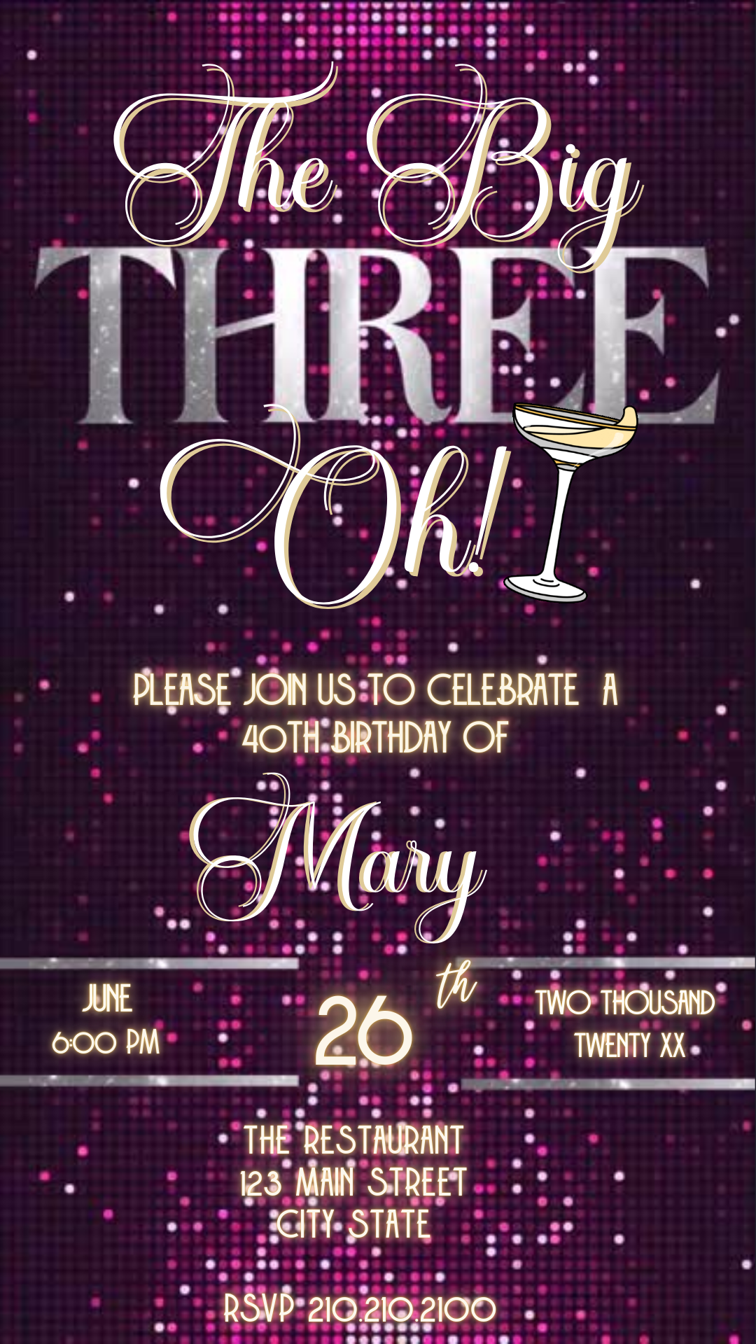 Editable violet gold 30th birthday video invitation displayed on a mobile phone, featuring an animated vertical digital invite with music, created in Canva. This premium video invitation template is designed for sharing by text, email, and social media and works with an interactive RSVP website for easy guest response tracking.