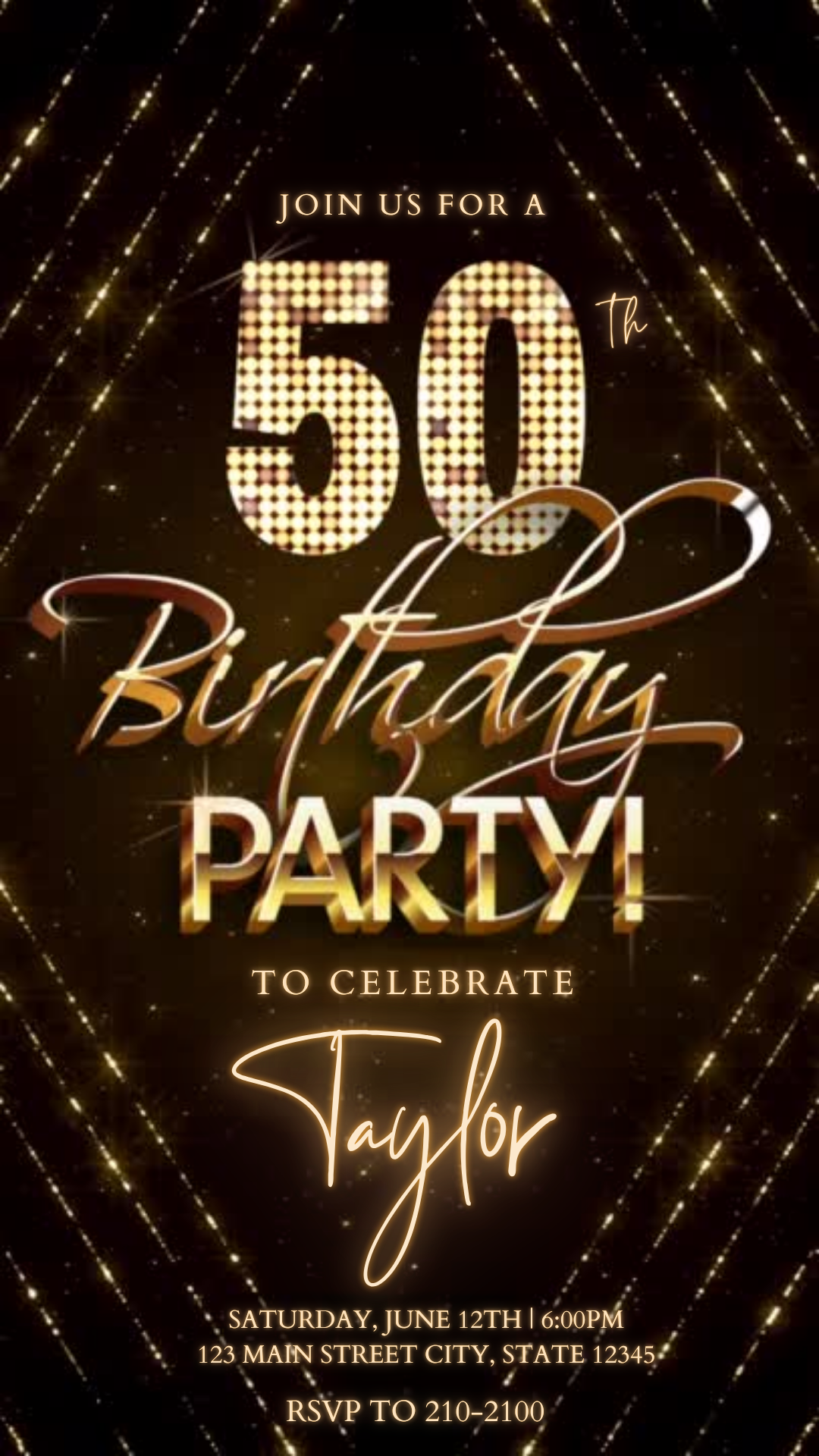 Editable gold sparkle 50th birthday video invitation displayed on a mobile phone, featuring an animated vertical digital invite with music, created in Canva. This premium video invitation template is designed for sharing by text, email, and social media and works with an interactive RSVP website for easy guest response tracking.