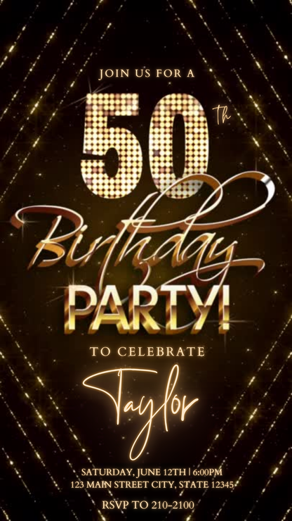 Editable gold sparkle 50th birthday video invitation displayed on a mobile phone, featuring an animated vertical digital invite with music, created in Canva. This premium video invitation template is designed for sharing by text, email, and social media and works with an interactive RSVP website for easy guest response tracking.