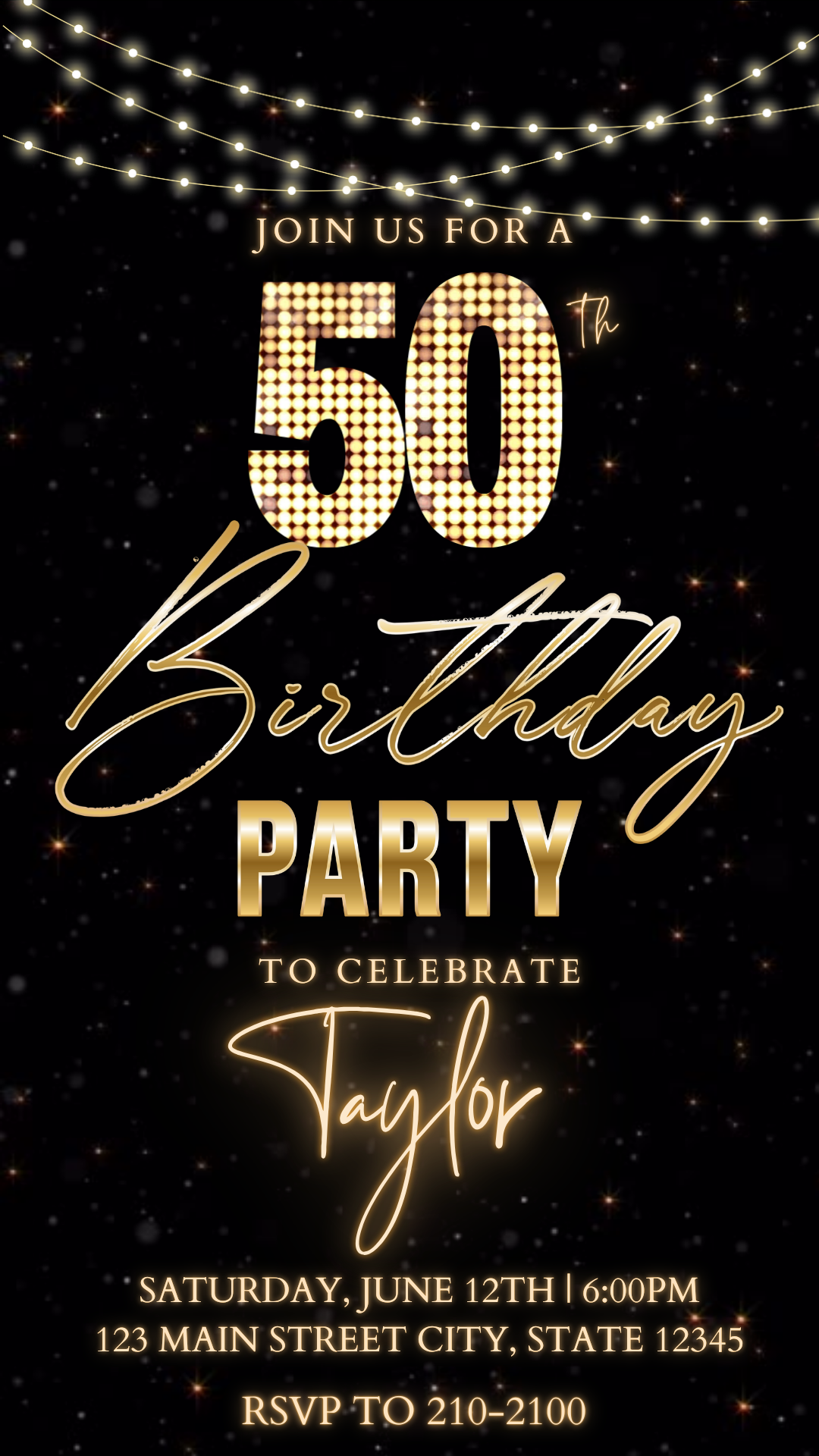 Editable golden lights 50th birthday video invitation displayed on a mobile phone, featuring an animated vertical digital invite with music, created in Canva. This premium video invitation template is designed for sharing by text, email, and social media and works with an interactive RSVP website for easy guest response tracking.