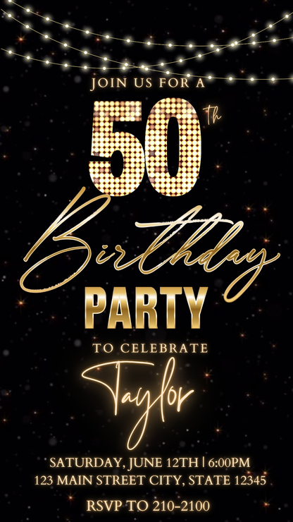Editable golden lights 50th birthday video invitation displayed on a mobile phone, featuring an animated vertical digital invite with music, created in Canva. This premium video invitation template is designed for sharing by text, email, and social media and works with an interactive RSVP website for easy guest response tracking.