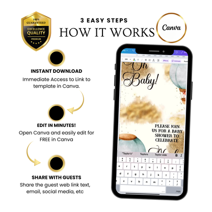 Editable woodland hot air balloon baby shower baby shower video invitation displayed on a mobile phone, featuring an animated vertical digital invite with music, created in Canva. This premium video invitation template is designed for sharing by text, email, and social media and works with an interactive RSVP website for easy guest response tracking.