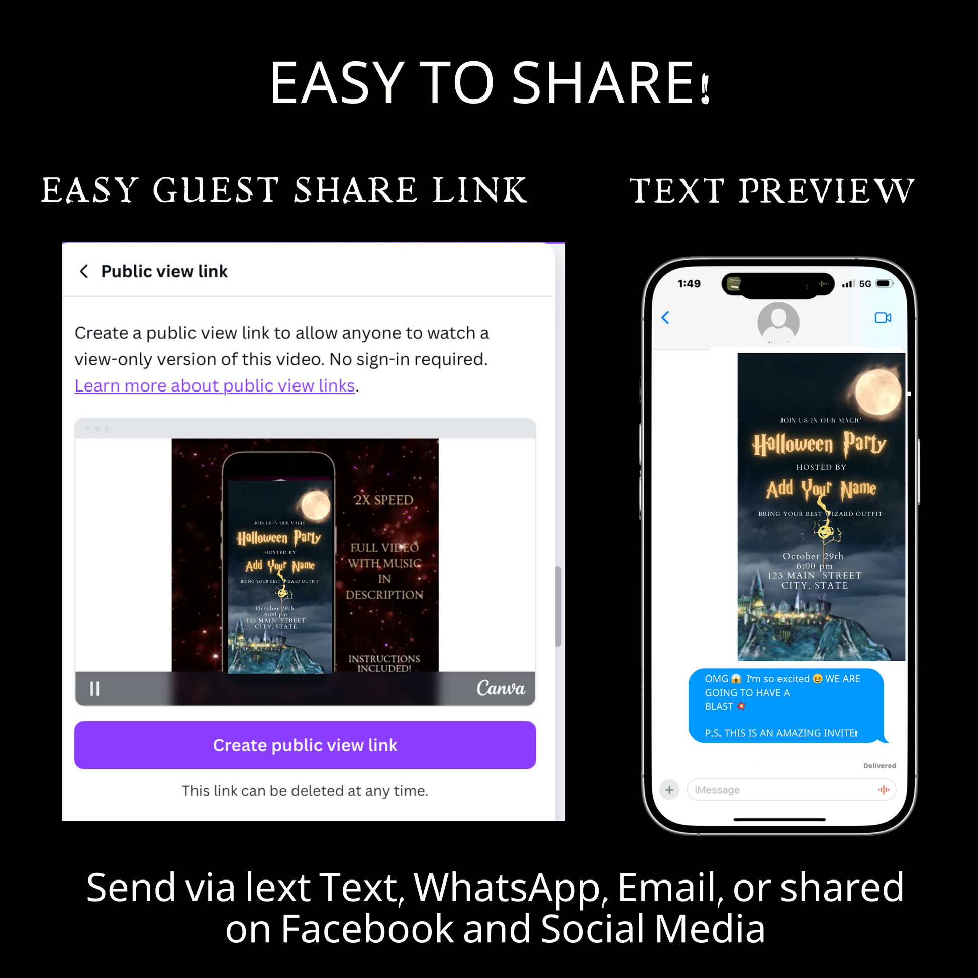 Editable wizard halloween party party video invitation displayed on a mobile phone, featuring an animated vertical digital invite with music, created in Canva. This premium video invitation template is designed for sharing by text, email, and social media and works with an interactive RSVP website for easy guest response tracking.