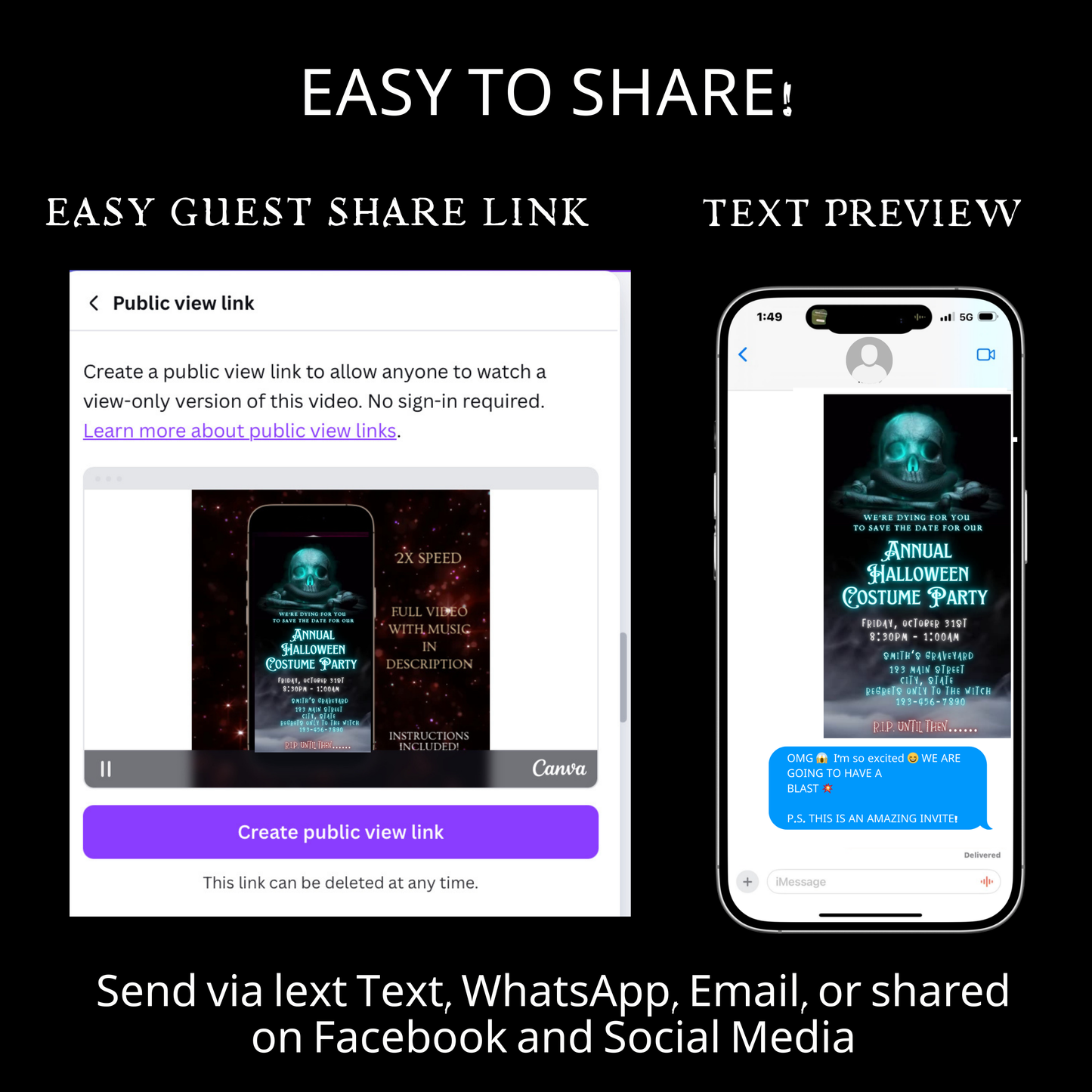 Editable spooky halloween costume party party video invitation displayed on a mobile phone, featuring an animated vertical digital invite with music, created in Canva. This premium video invitation template is designed for sharing by text, email, and social media and works with an interactive RSVP website for easy guest response tracking.