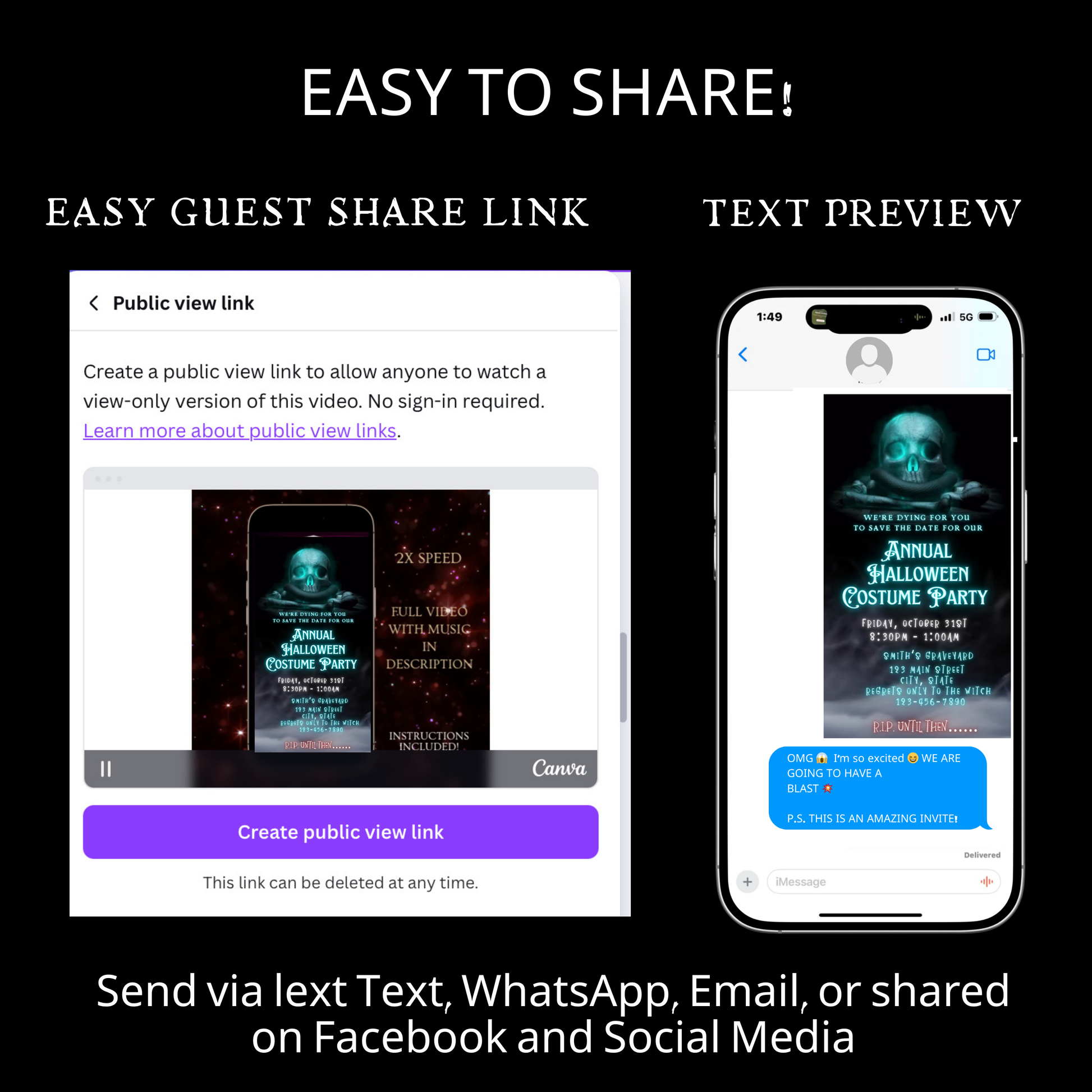 Editable spooky halloween costume party party video invitation displayed on a mobile phone, featuring an animated vertical digital invite with music, created in Canva. This premium video invitation template is designed for sharing by text, email, and social media and works with an interactive RSVP website for easy guest response tracking.