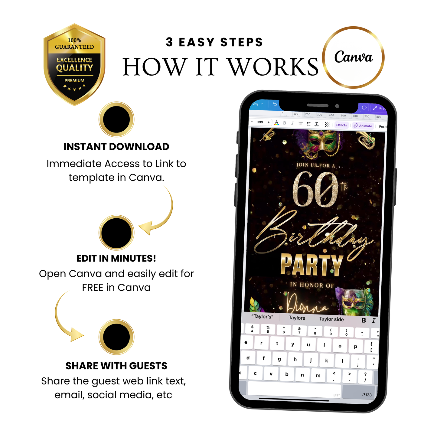 Editable masquerade mardi gras 60th birthday birthday video invitation displayed on a mobile phone, featuring an animated vertical digital invite with music, created in Canva. This premium video invitation template is designed for sharing by text, email, and social media and works with an interactive RSVP website for easy guest response tracking.