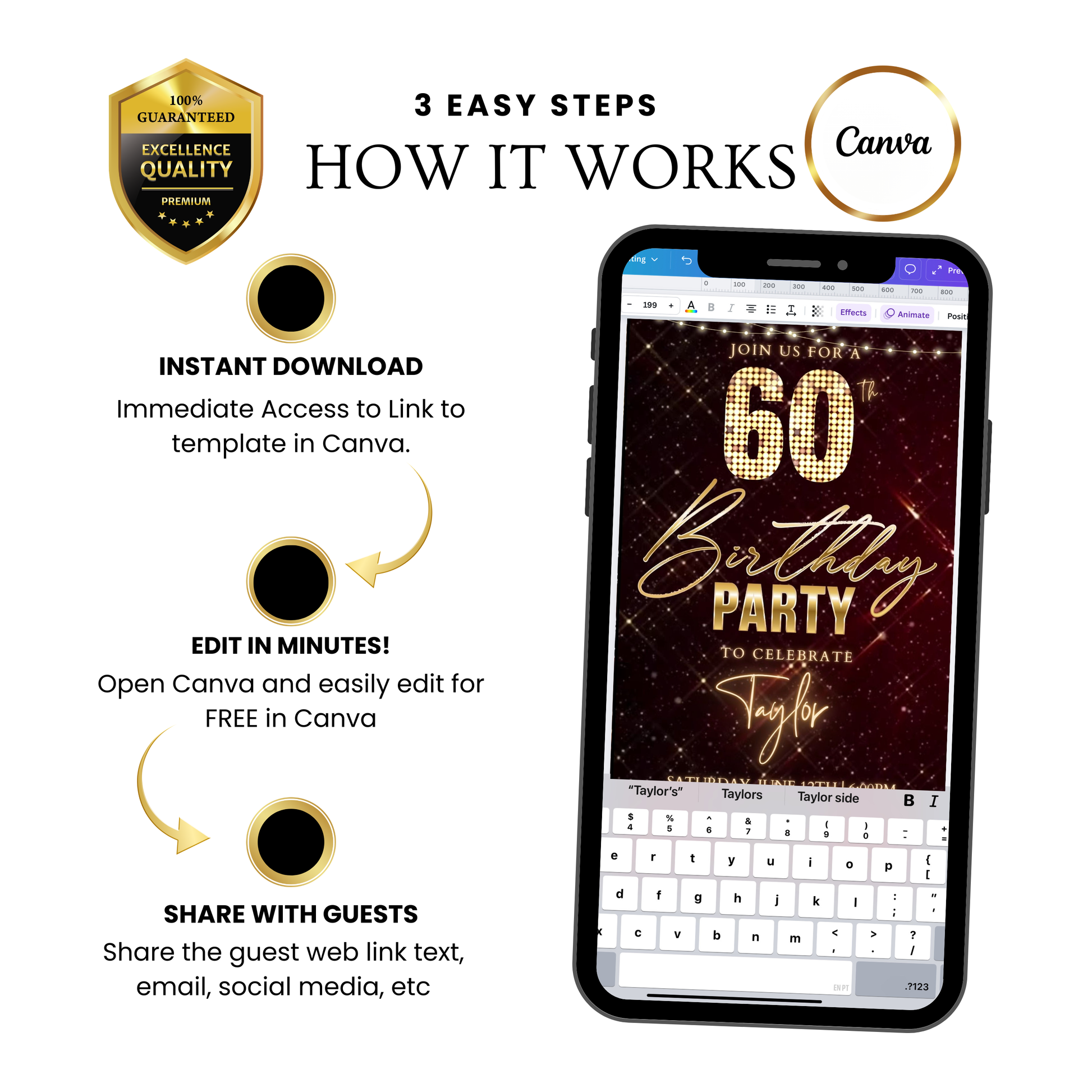 Editable maroon gold sparkle 60th birthday birthday video invitation displayed on a mobile phone, featuring an animated vertical digital invite with music, created in Canva. This premium video invitation template is designed for sharing by text, email, and social media and works with an interactive RSVP website for easy guest response tracking.