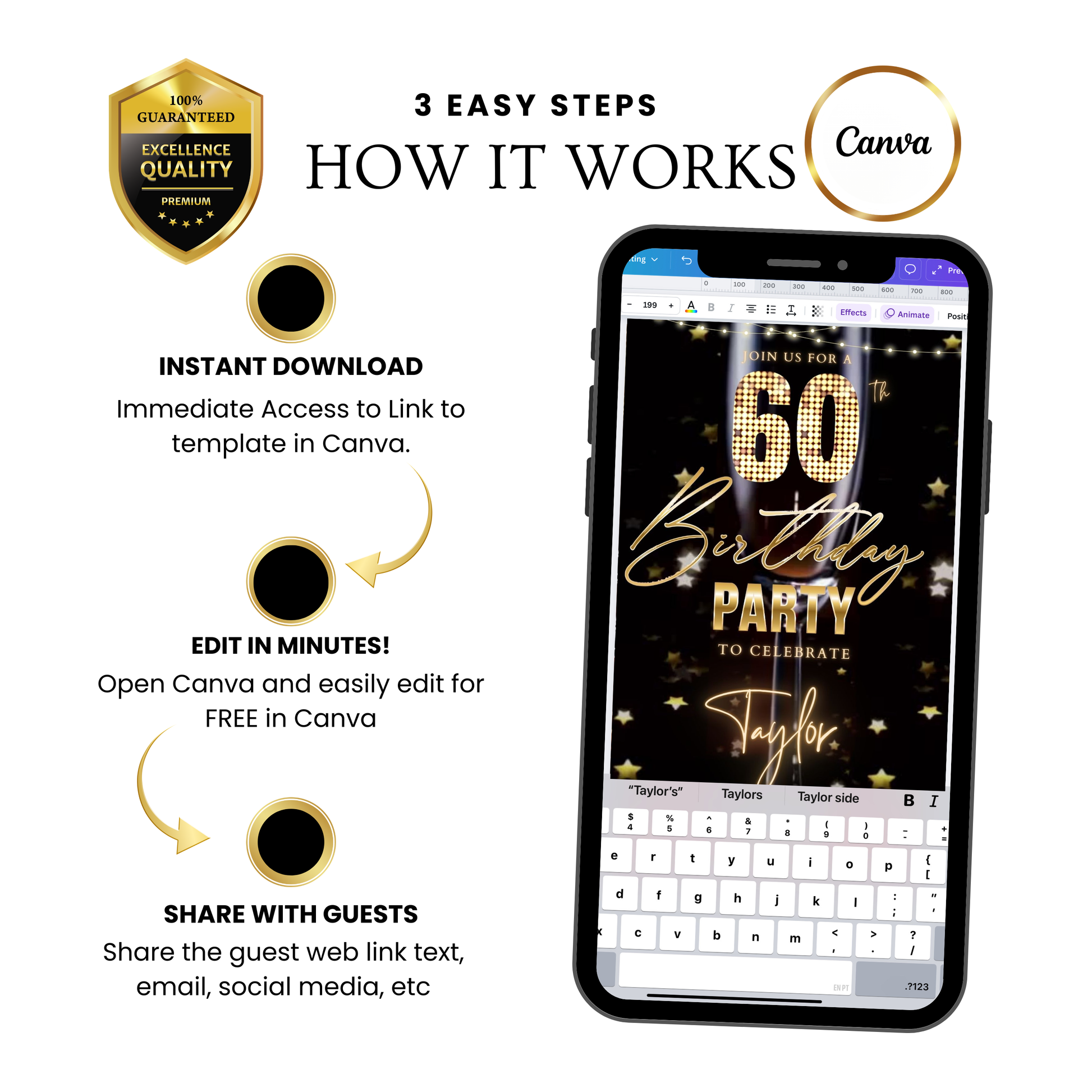 Editable champagne celebration 60th birthday birthday video invitation displayed on a mobile phone, featuring an animated vertical digital invite with music, created in Canva. This premium video invitation template is designed for sharing by text, email, and social media and works with an interactive RSVP website for easy guest response tracking.