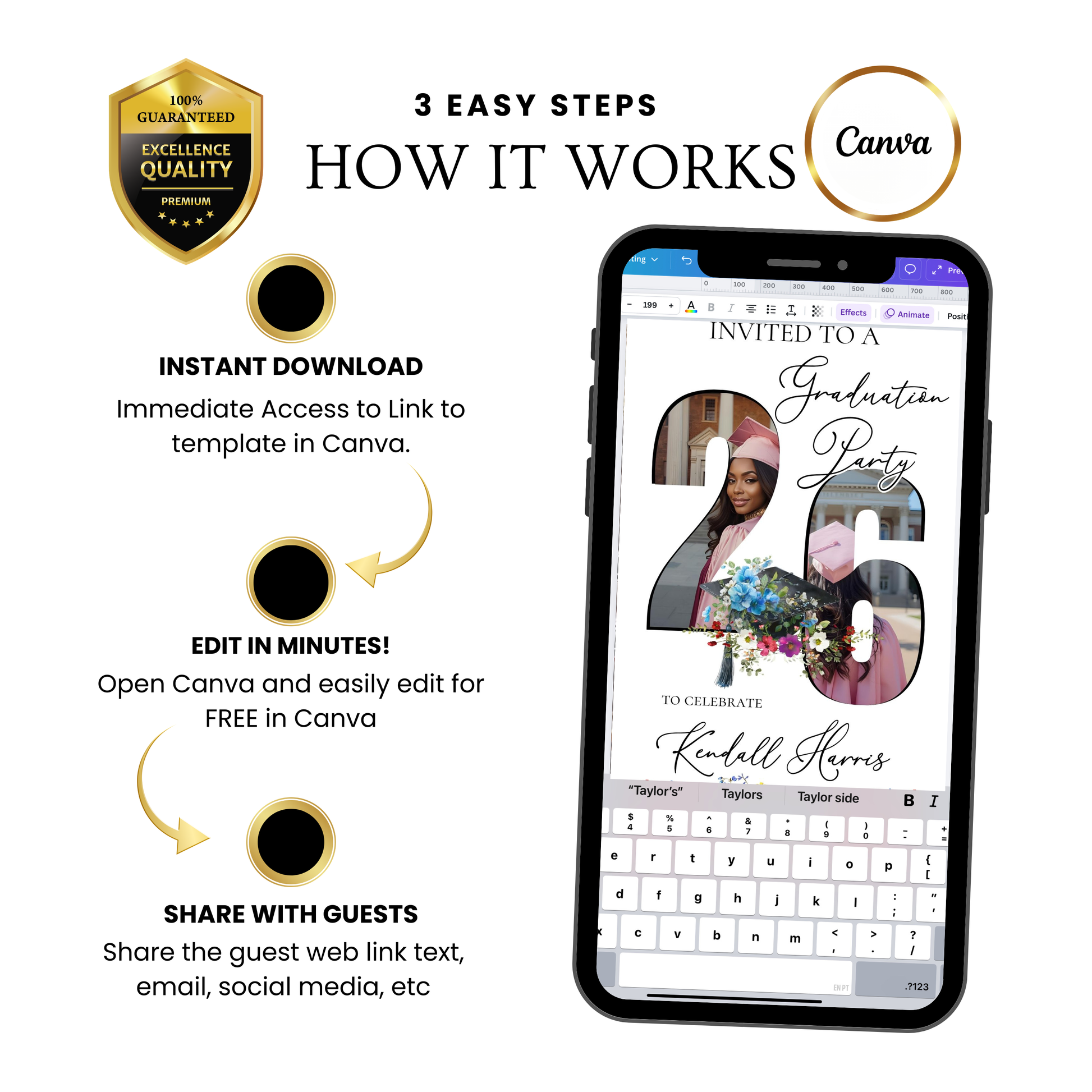 Editable floral graduation 2026 graduation video invitation displayed on a mobile phone, featuring an animated vertical digital invite with music, created in Canva. This premium video invitation template is designed for sharing by text, email, and social media and works with an interactive RSVP website for easy guest response tracking.