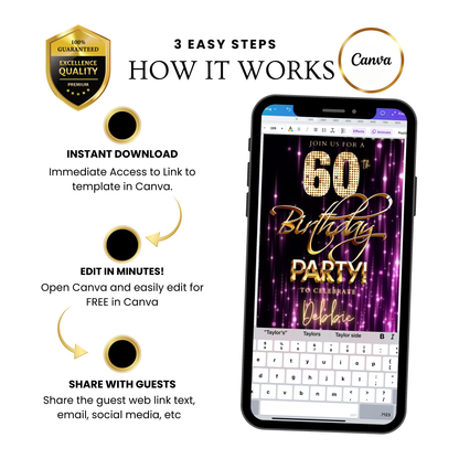 Editable purple gold glam 60th birthday birthday video invitation displayed on a mobile phone, featuring an animated vertical digital invite with music, created in Canva. This premium video invitation template is designed for sharing by text, email, and social media and works with an interactive RSVP website for easy guest response tracking.