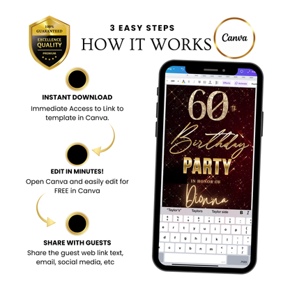 Editable maroon gold sparkle grid 60th birthday birthday video invitation displayed on a mobile phone, featuring an animated vertical digital invite with music, created in Canva. This premium video invitation template is designed for sharing by text, email, and social media and works with an interactive RSVP website for easy guest response tracking.
