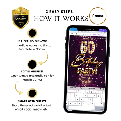 Editable violet gold sequin 60th birthday birthday video invitation displayed on a mobile phone, featuring an animated vertical digital invite with music, created in Canva. This premium video invitation template is designed for sharing by text, email, and social media and works with an interactive RSVP website for easy guest response tracking.