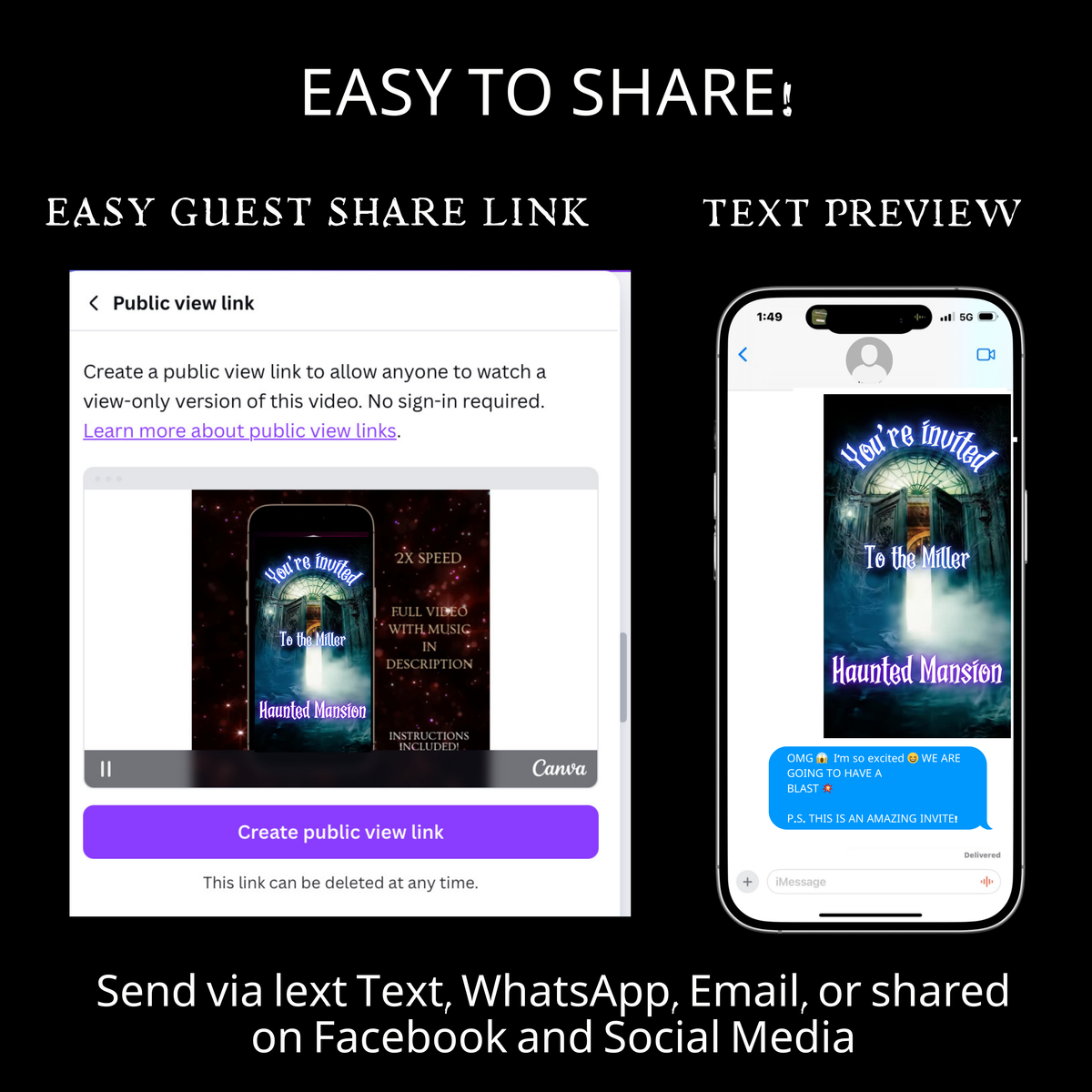 Editable haunted mansion halloween party party video invitation displayed on a mobile phone, featuring an animated vertical digital invite with music, created in Canva. This premium video invitation template is designed for sharing by text, email, and social media and works with an interactive RSVP website for easy guest response tracking.