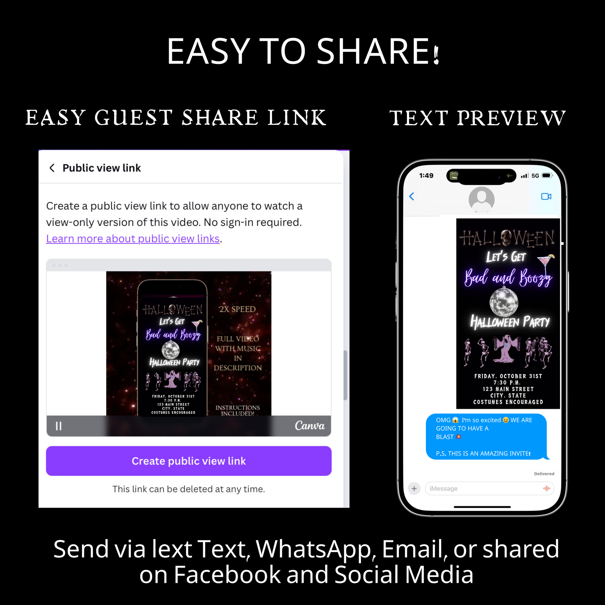 Editable neon boozy halloween party party video invitation displayed on a mobile phone, featuring an animated vertical digital invite with music, created in Canva. This premium video invitation template is designed for sharing by text, email, and social media and works with an interactive RSVP website for easy guest response tracking.