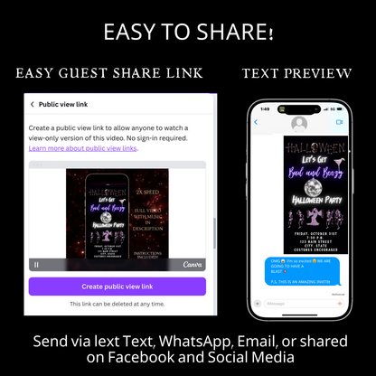 Editable neon boozy halloween party party video invitation displayed on a mobile phone, featuring an animated vertical digital invite with music, created in Canva. This premium video invitation template is designed for sharing by text, email, and social media and works with an interactive RSVP website for easy guest response tracking.