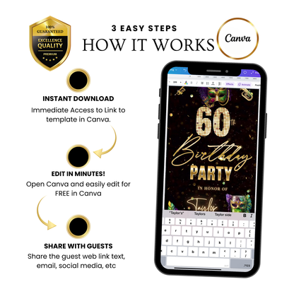 Editable mardi gras masquerade 60th birthday birthday video invitation displayed on a mobile phone, featuring an animated vertical digital invite with music, created in Canva. This premium video invitation template is designed for sharing by text, email, and social media and works with an interactive RSVP website for easy guest response tracking.