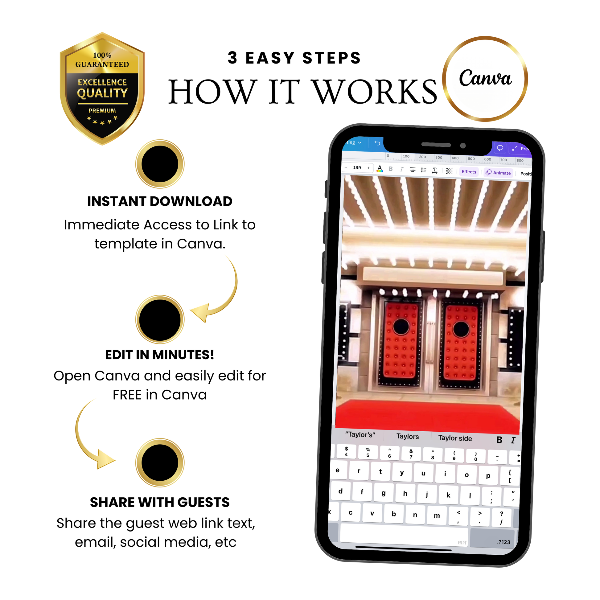 Editable hollywood red carpet 50th birthday birthday video invitation displayed on a mobile phone, featuring an animated vertical digital invite with music, created in Canva. This premium video invitation template is designed for sharing by text, email, and social media and works with an interactive RSVP website for easy guest response tracking.