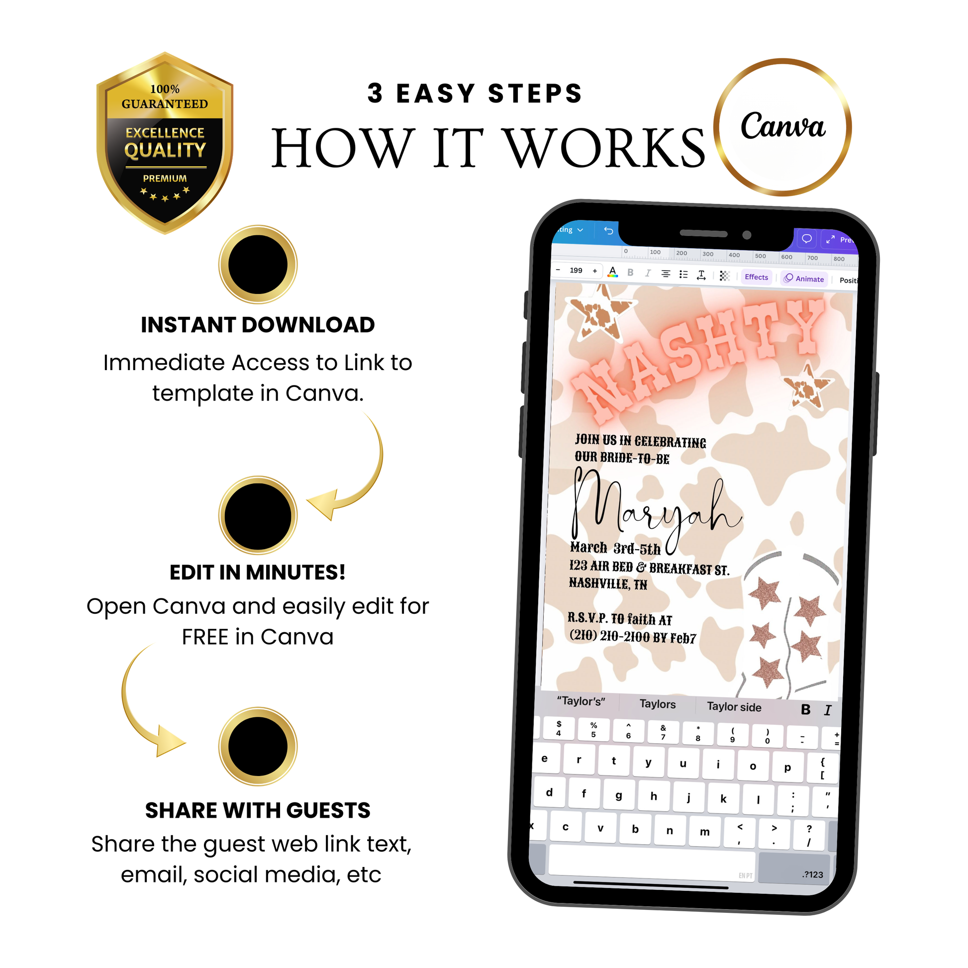 Editable cowgirl nashville bachelorette party party video invitation displayed on a mobile phone, featuring an animated vertical digital invite with music, created in Canva. This premium video invitation template is designed for sharing by text, email, and social media and works with an interactive RSVP website for easy guest response tracking.