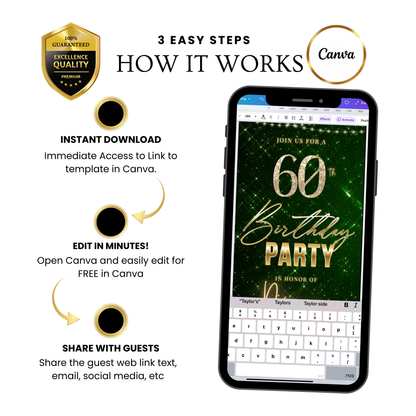 Editable emerald green gold 60th birthday birthday video invitation displayed on a mobile phone, featuring an animated vertical digital invite with music, created in Canva. This premium video invitation template is designed for sharing by text, email, and social media and works with an interactive RSVP website for easy guest response tracking.
