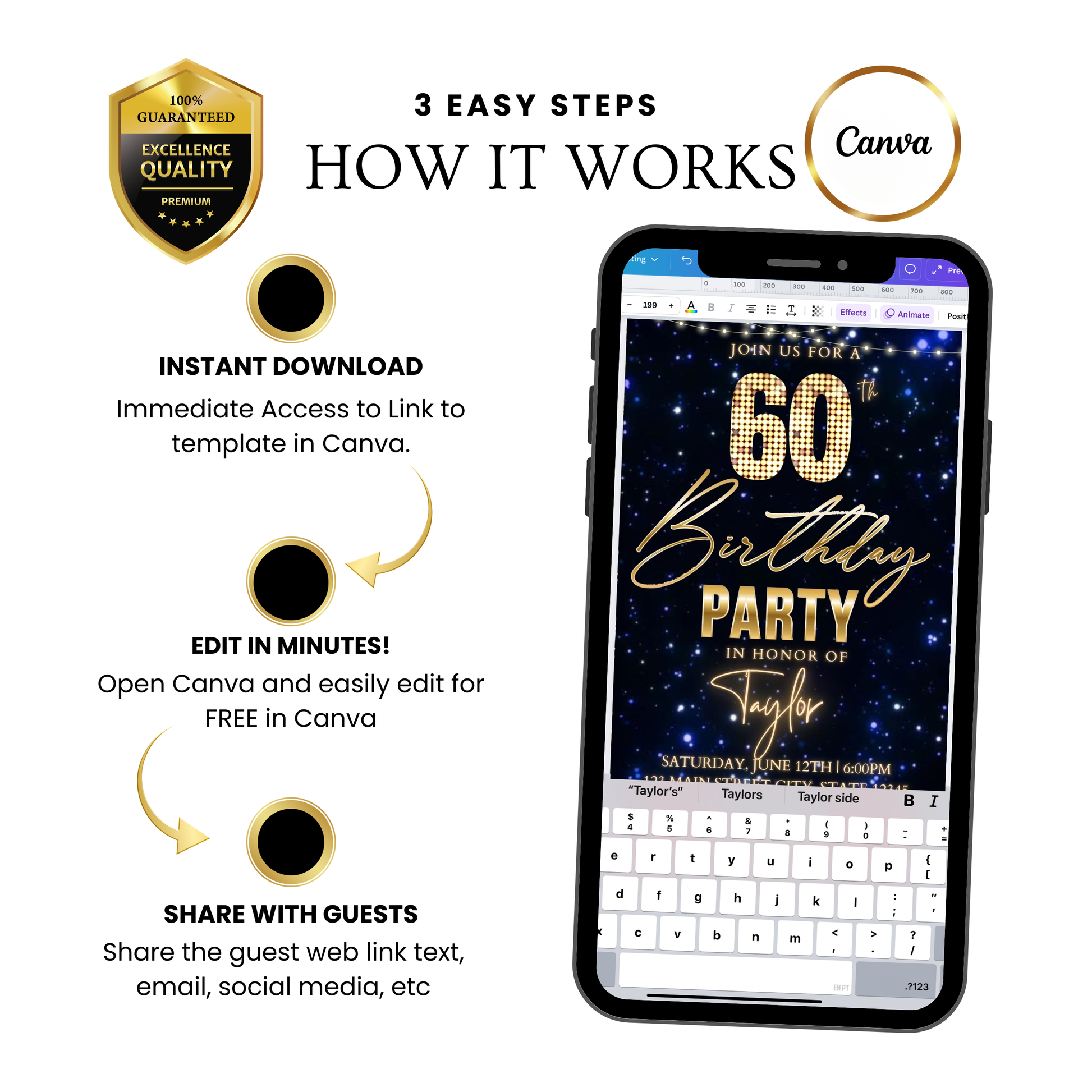 Editable navy gold starry 60th birthday birthday video invitation displayed on a mobile phone, featuring an animated vertical digital invite with music, created in Canva. This premium video invitation template is designed for sharing by text, email, and social media and works with an interactive RSVP website for easy guest response tracking.