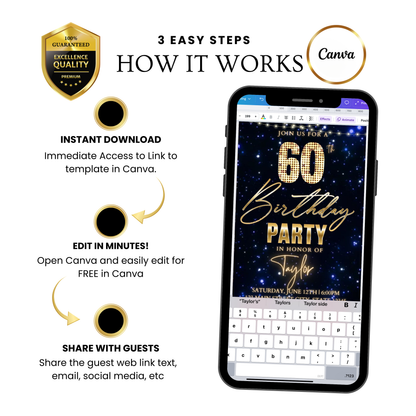 Editable navy gold starry 60th birthday birthday video invitation displayed on a mobile phone, featuring an animated vertical digital invite with music, created in Canva. This premium video invitation template is designed for sharing by text, email, and social media and works with an interactive RSVP website for easy guest response tracking.