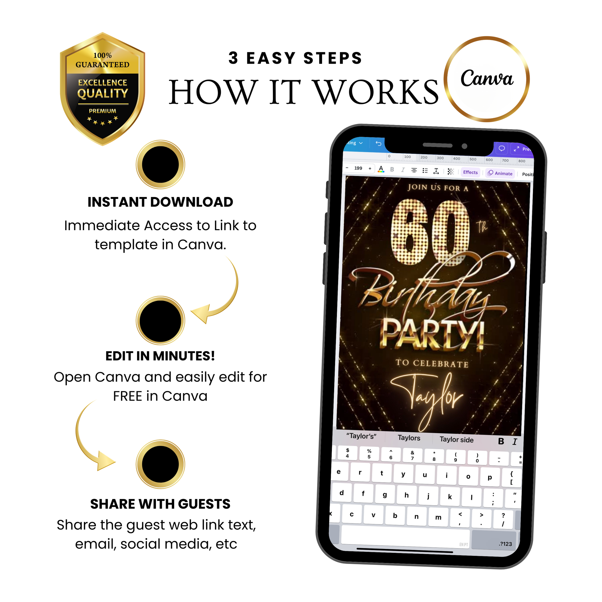 Editable gold glitter 60th birthday birthday video invitation displayed on a mobile phone, featuring an animated vertical digital invite with music, created in Canva. This premium video invitation template is designed for sharing by text, email, and social media and works with an interactive RSVP website for easy guest response tracking.
