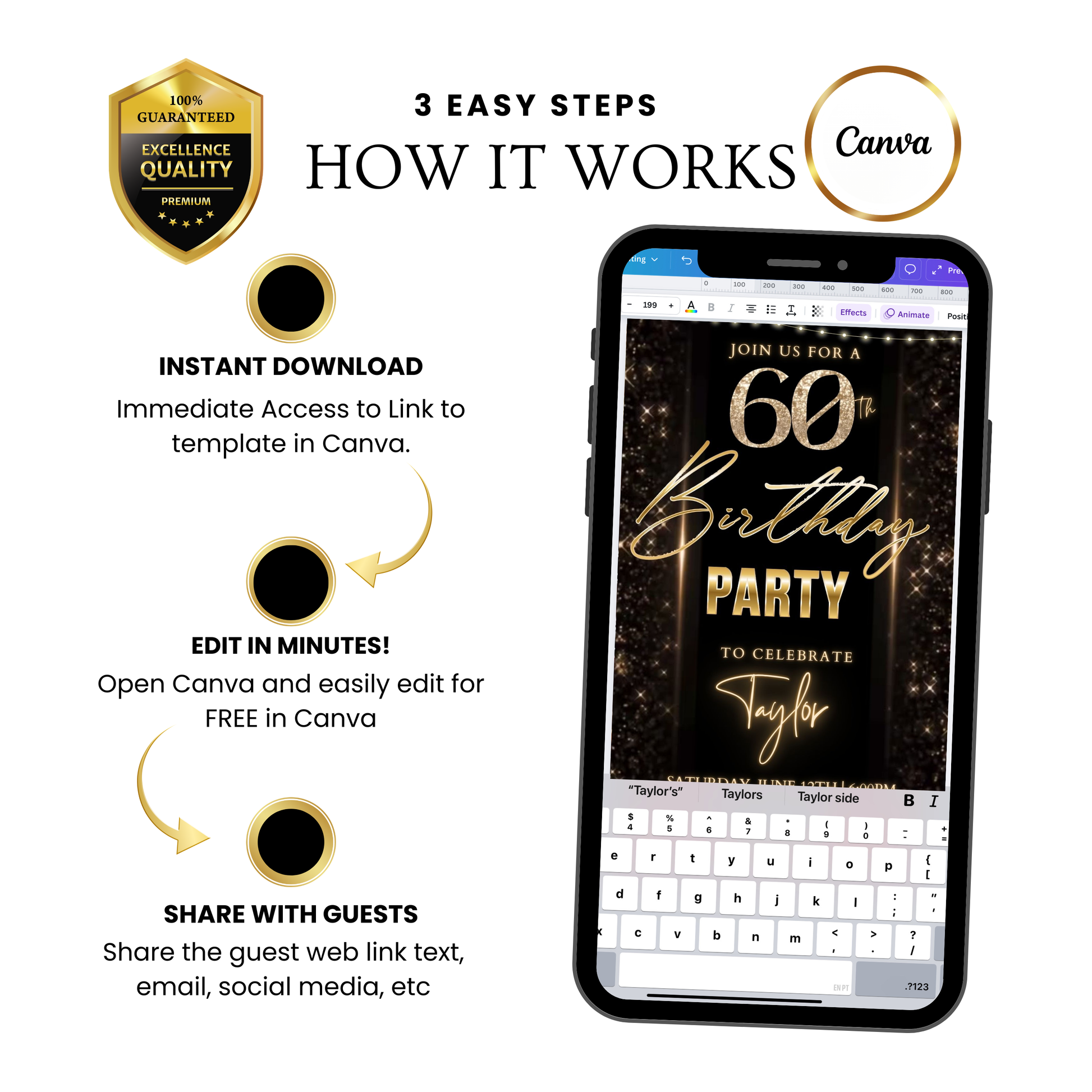 Editable black gold sparkle 60th birthday birthday video invitation displayed on a mobile phone, featuring an animated vertical digital invite with music, created in Canva. This premium video invitation template is designed for sharing by text, email, and social media and works with an interactive RSVP website for easy guest response tracking.