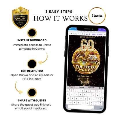 Editable gold disco ball 60th birthday birthday video invitation displayed on a mobile phone, featuring an animated vertical digital invite with music, created in Canva. This premium video invitation template is designed for sharing by text, email, and social media and works with an interactive RSVP website for easy guest response tracking.