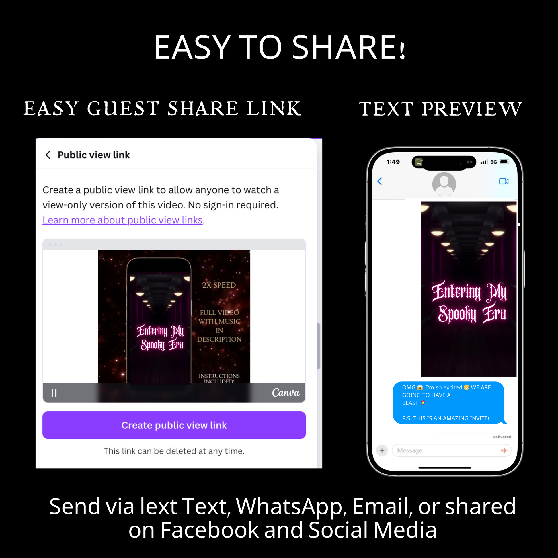 Editable halloween era party party video invitation displayed on a mobile phone, featuring an animated vertical digital invite with music, created in Canva. This premium video invitation template is designed for sharing by text, email, and social media and works with an interactive RSVP website for easy guest response tracking.