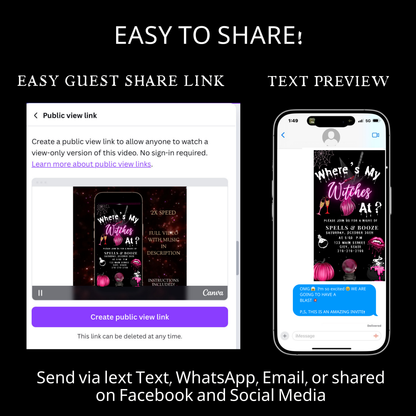 Editable pink witches halloween party party video invitation displayed on a mobile phone, featuring an animated vertical digital invite with music, created in Canva. This premium video invitation template is designed for sharing by text, email, and social media and works with an interactive RSVP website for easy guest response tracking.