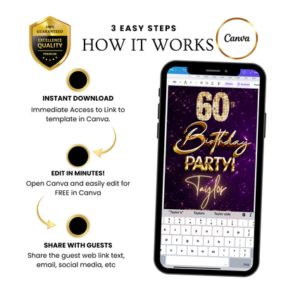 Editable purple gold elegant 60th birthday birthday video invitation displayed on a mobile phone, featuring an animated vertical digital invite with music, created in Canva. This premium video invitation template is designed for sharing by text, email, and social media and works with an interactive RSVP website for easy guest response tracking.
