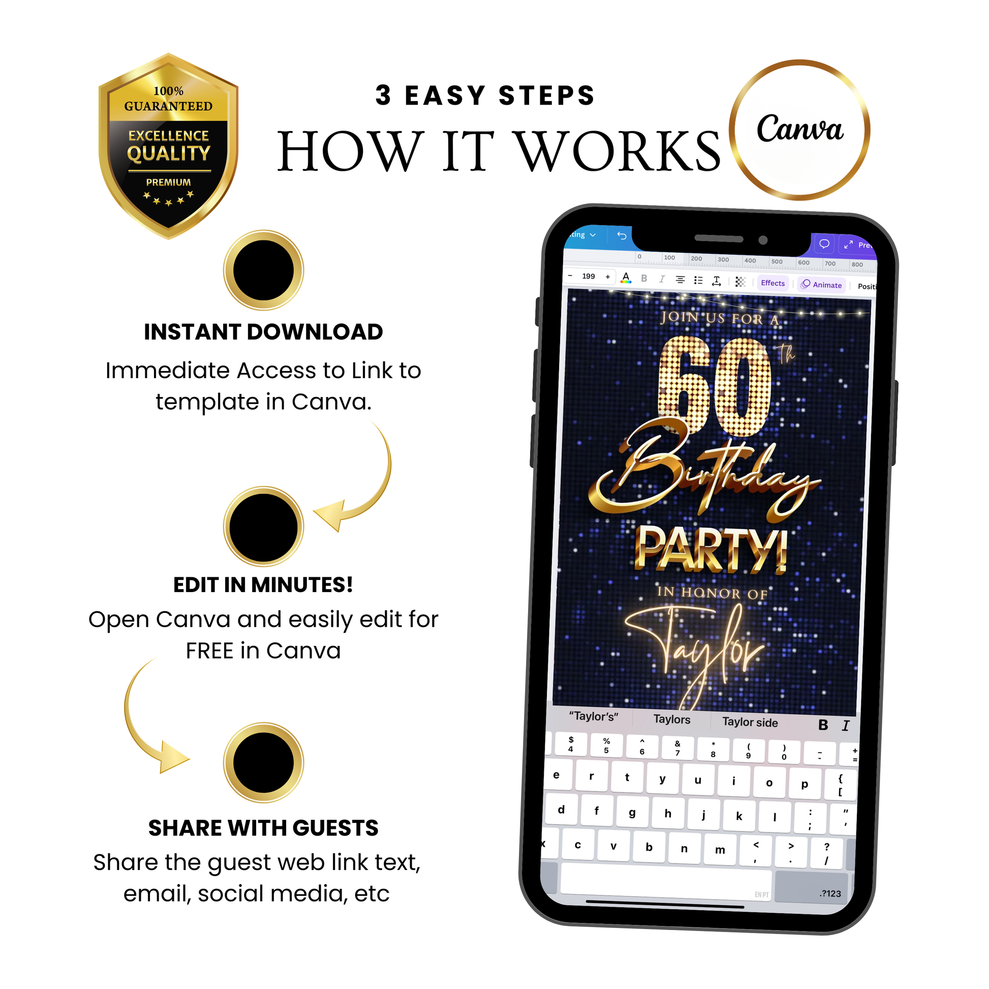 Editable navy sequin gold 60th birthday birthday video invitation displayed on a mobile phone, featuring an animated vertical digital invite with music, created in Canva. This premium video invitation template is designed for sharing by text, email, and social media and works with an interactive RSVP website for easy guest response tracking.